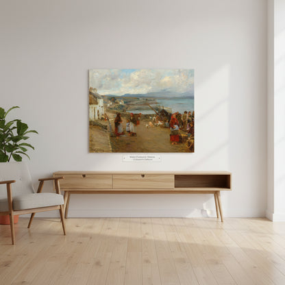 A 40×50 cm unframed art print of “Life in Connemara, A Market Day” by Walter Frederick Osborne displayed in a bright Scandinavian-style living room. Clean white walls, soft natural daylight, oak floors, minimal furnishings, subtle shadows, premium gallery presentation.