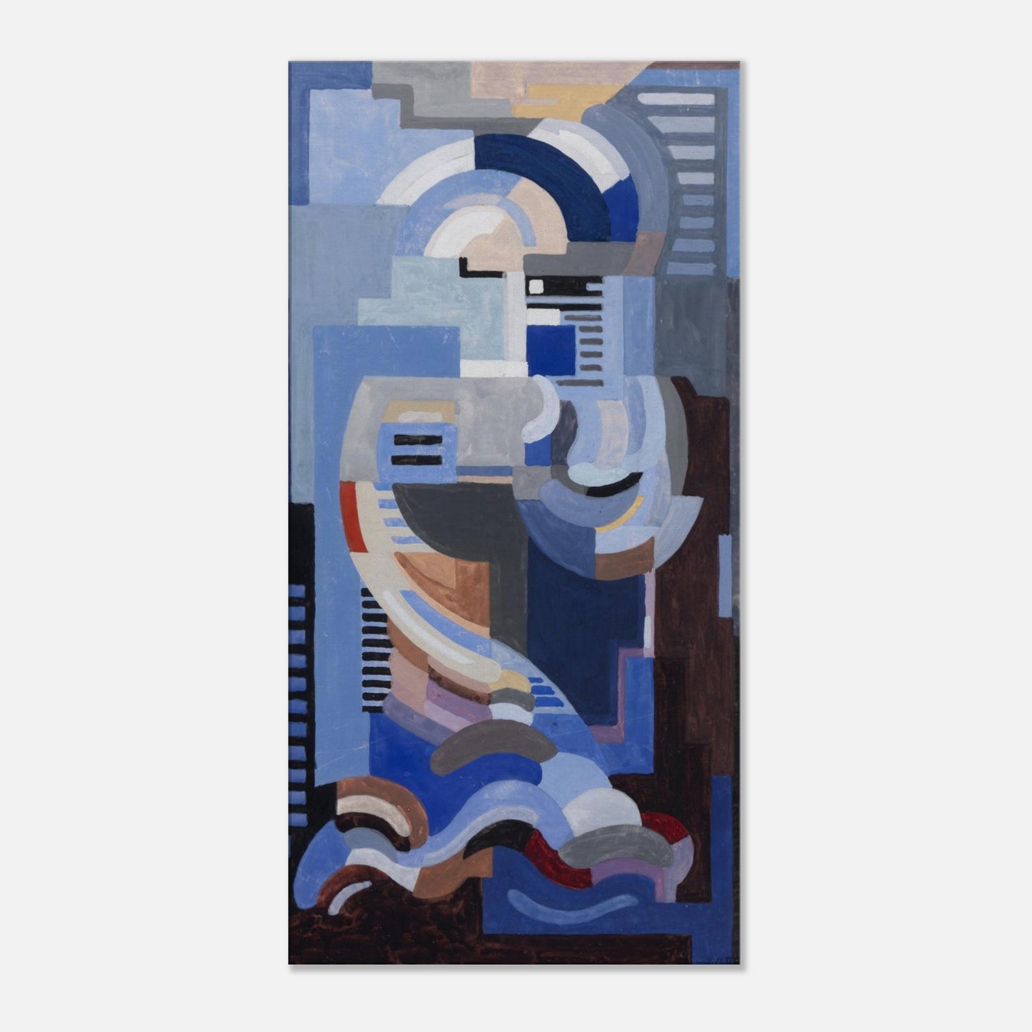 Close-up detail of Abstract (1932) by Mainie Jellett showing geometric shapes, layered blues and archival pigment texture on canvas.