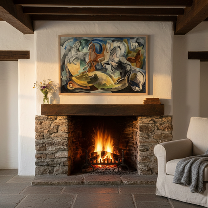 Achill Horses by Mainie Jellett, 1941 — Irish art print displayed above a fireplace in a living room