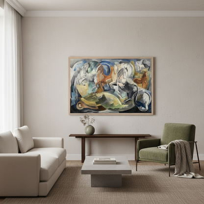 Achill Horses by Mainie Jellett framed in natural wood, displayed in a minimalist living room with neutral tones