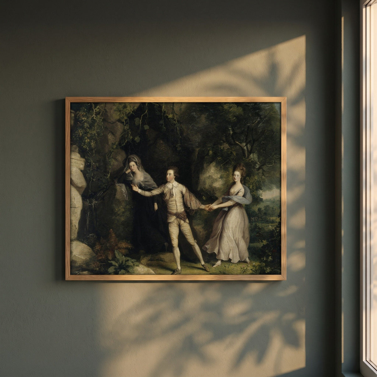 Actor Between the Muses framed print in a natural oak frame on a dark green wall beside a window, dappled plant shadow