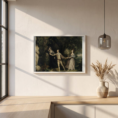 Actor Between the Muses framed print in a white frame on a plaster wall above an oak worktop in a bright Scandinavian kitchen