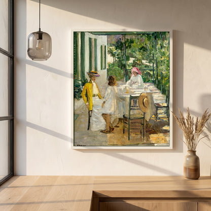 After Breakfast, Tangier framed print in a white frame on a plaster wall above an oak worktop in a bright Scandinavian kitchen