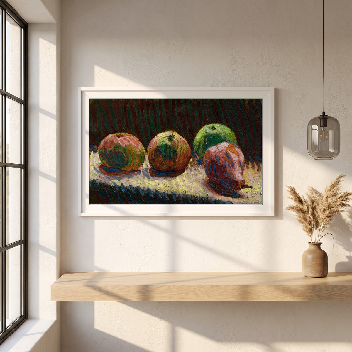 Apples and Pear Roderic O'Conor framed print in a white frame on a plaster wall above an oak worktop in a bright Scandinavian kitchen