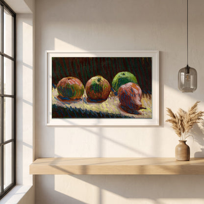 Apples and Pear Roderic O'Conor framed print in a white frame on a plaster wall above an oak worktop in a bright Scandinavian kitchen
