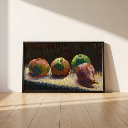 Apples and Pear Roderic O'Conor framed print in a black frame leaning against a white plaster wall on oak floorboards in morning light