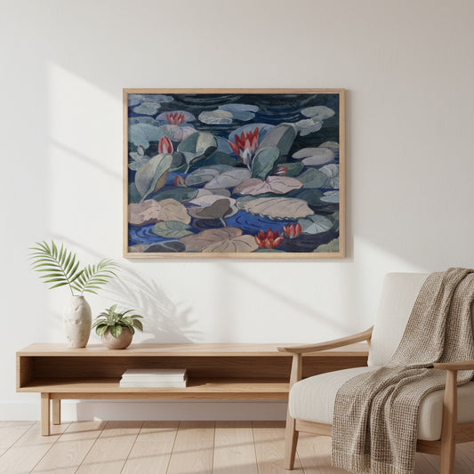 A Water-Lily Pond (1919) by Mainie Jellett - oak framed art print in a warm Scandinavian interior