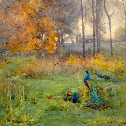 Autumn Days (1928) by Mildred Anne Butler, Irish art print featuring peacocks in an autumn landscape.
