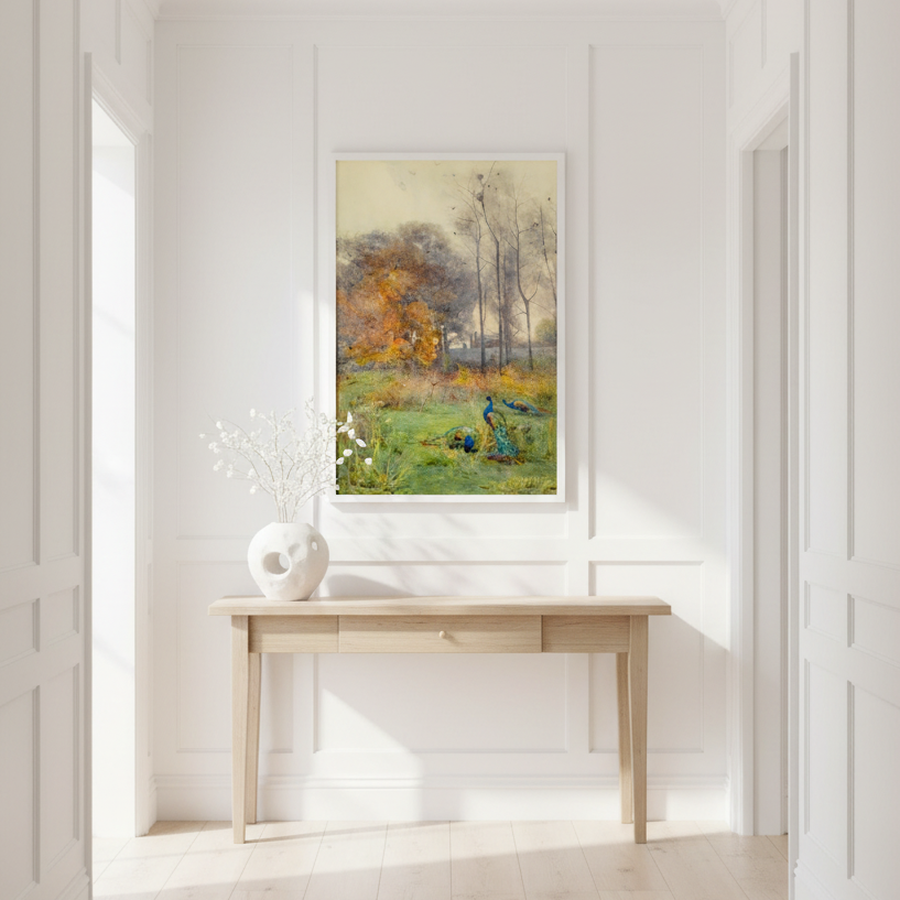 Autumn Days (1928) by Mildred Anne Butler framed in white displayed in a bright minimalist hallway