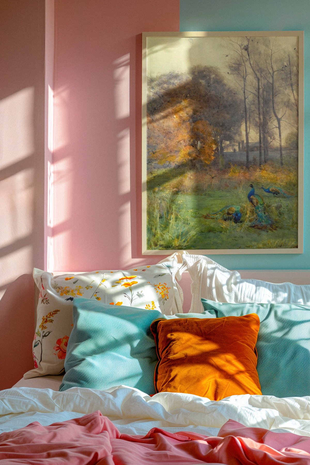 Autumn Days by Mildred Anne Butler in an oak frame above a bed with orange and teal cushions