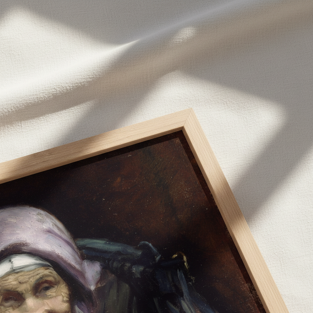 Detail of the oak frame corner on The Fisherman's Mother by Helen Mabel Trevor print