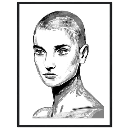 Framed wall art print of Sinéad O'Connor features a high-quality portrait capturing the iconic singer's striking presence. The detailed artwork, set in an elegant frame, highlights her expressive eyes and signature shaved head, adding a touch of music history to any decor.