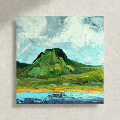 Lurig Mountain, Cushendall landscape unframed square print lying on a linen background