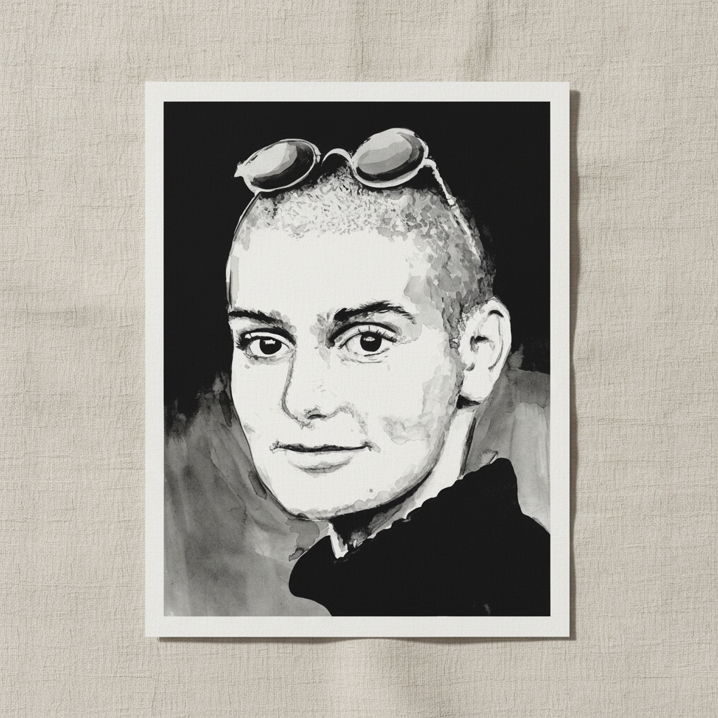 Sinéad O'Connor portrait in black and white, unframed print with a white border on linen