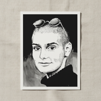 Sinéad O'Connor portrait in black and white, unframed print with a white border on linen
