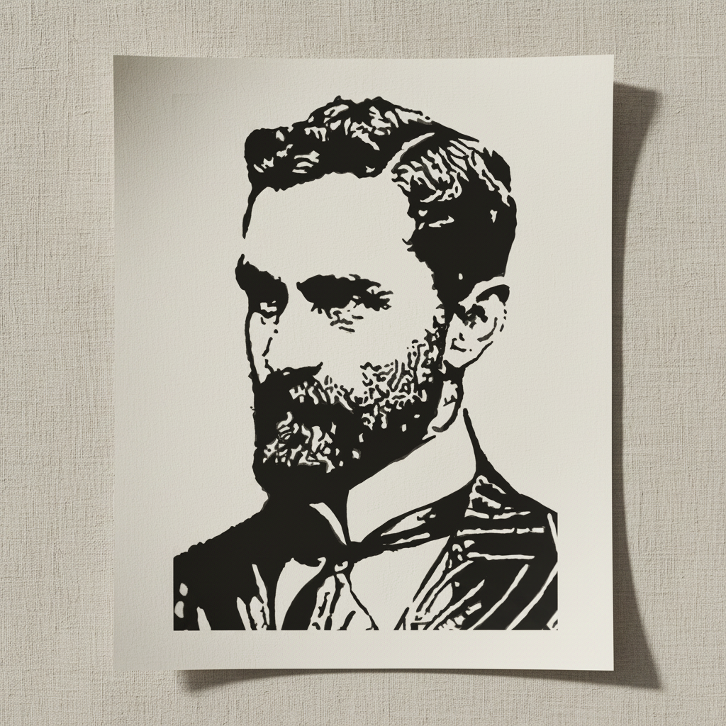 Roger Casement black and white portrait print, unframed on cream paper against linen