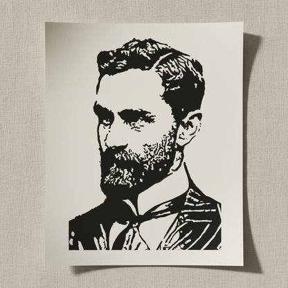 Roger Casement black and white portrait print, unframed on cream paper against linen