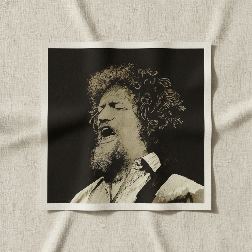 Luke Kelly portrait unframed print resting on crumpled linen