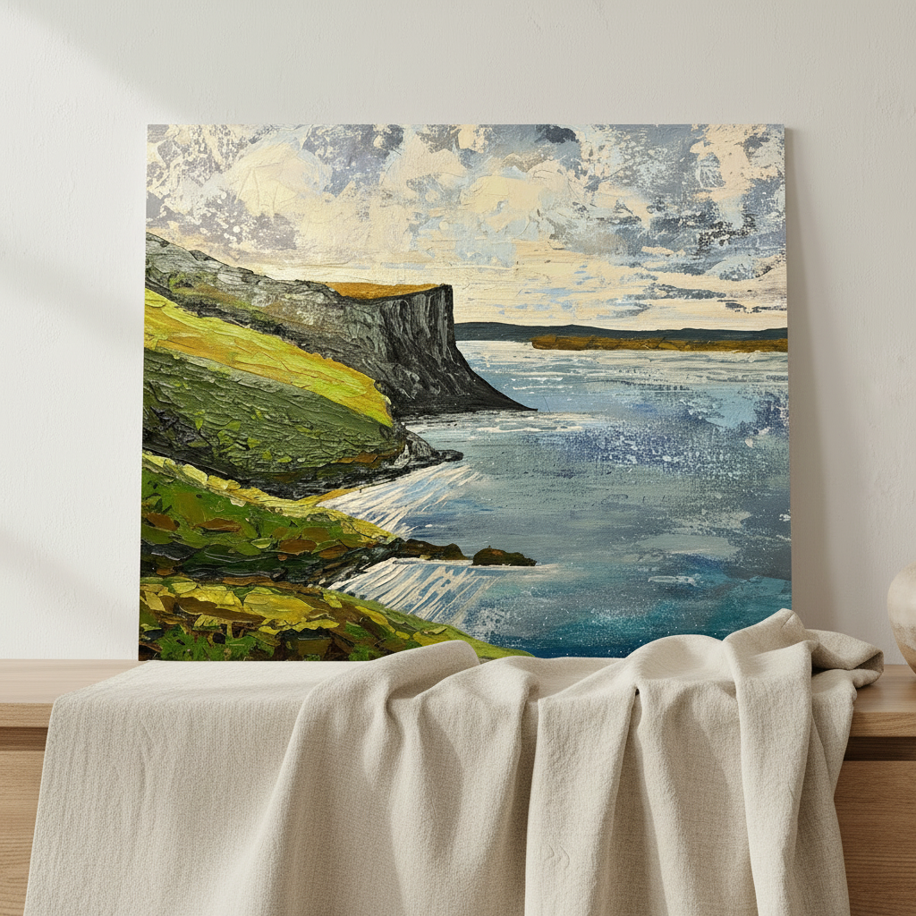 Murlough Bay cliffs, County Antrim unframed print leaning on a bench behind a cream throw