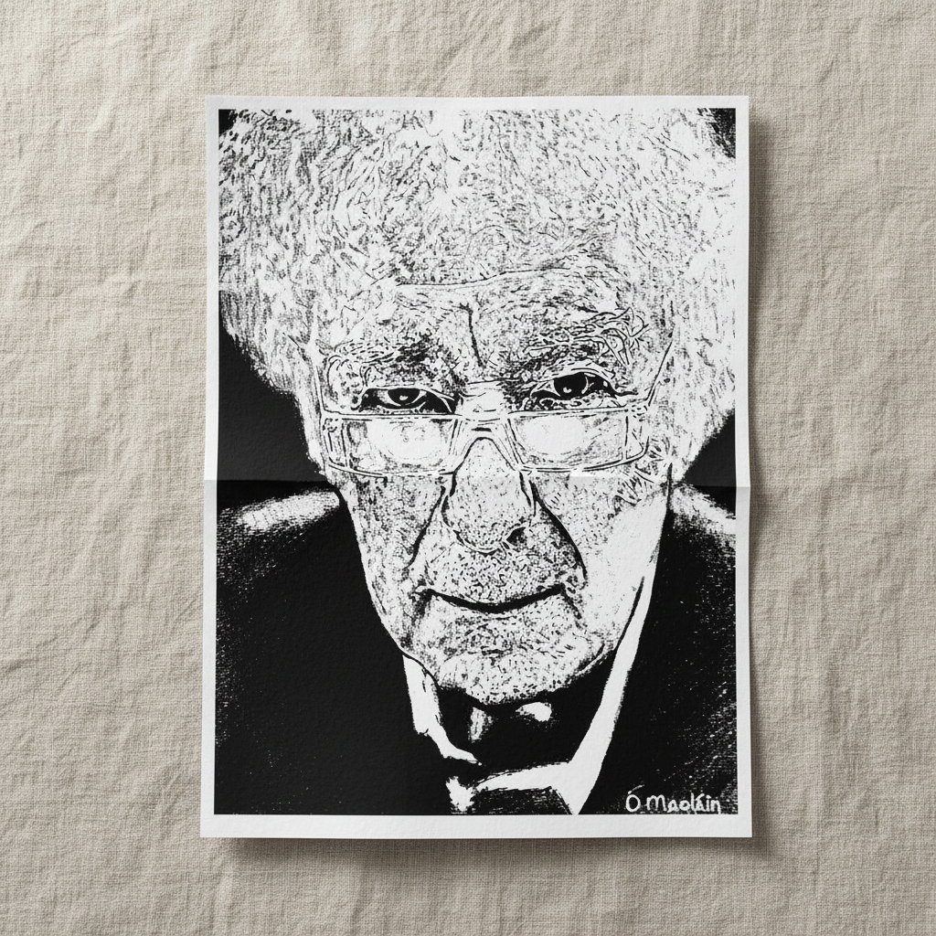 Portrait of Seamus Heaney unframed print lying on a linen cloth