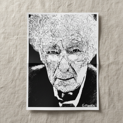 Portrait of Seamus Heaney unframed print lying on a linen cloth
