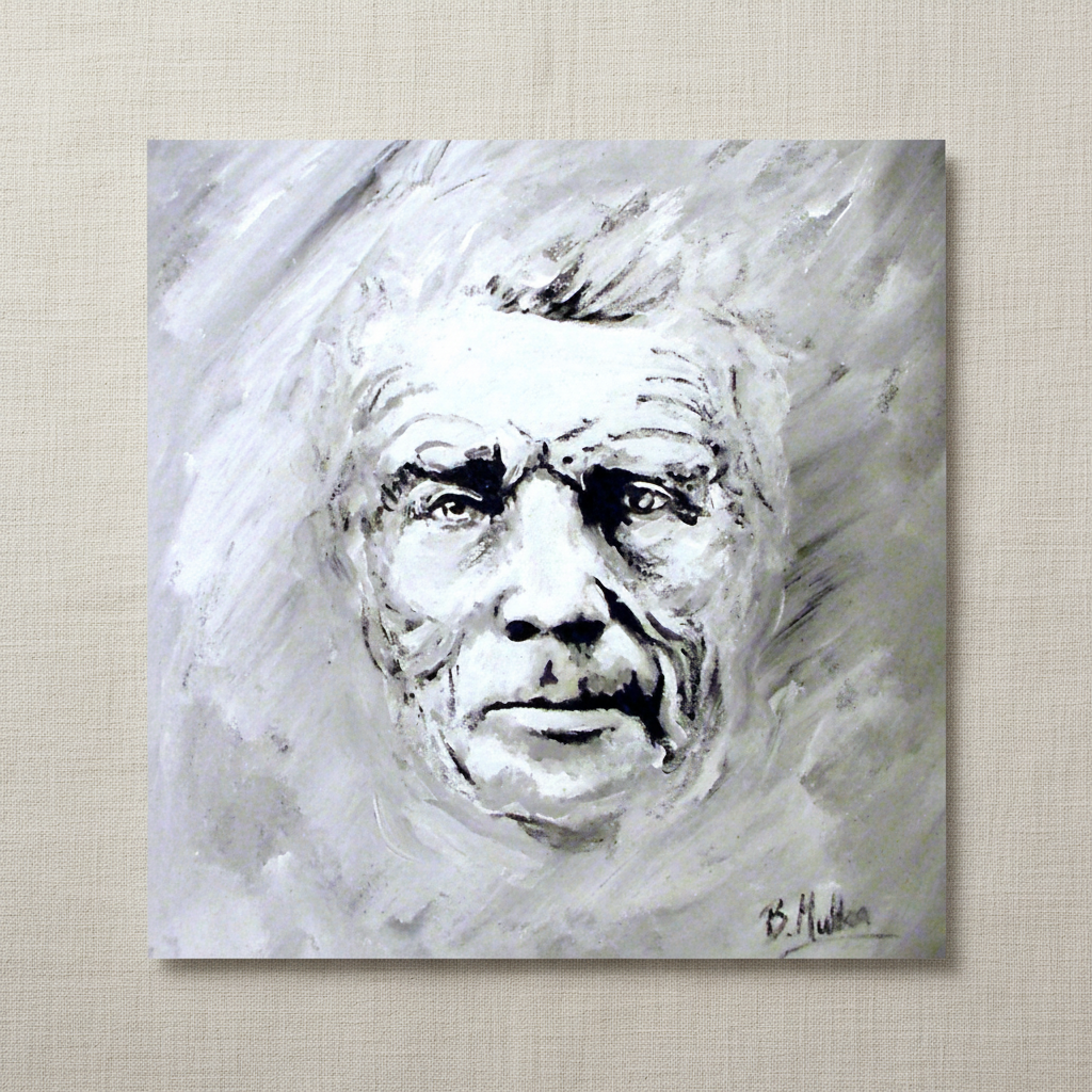 Samuel Beckett portrait painting in grey and white, unframed print on a linen background