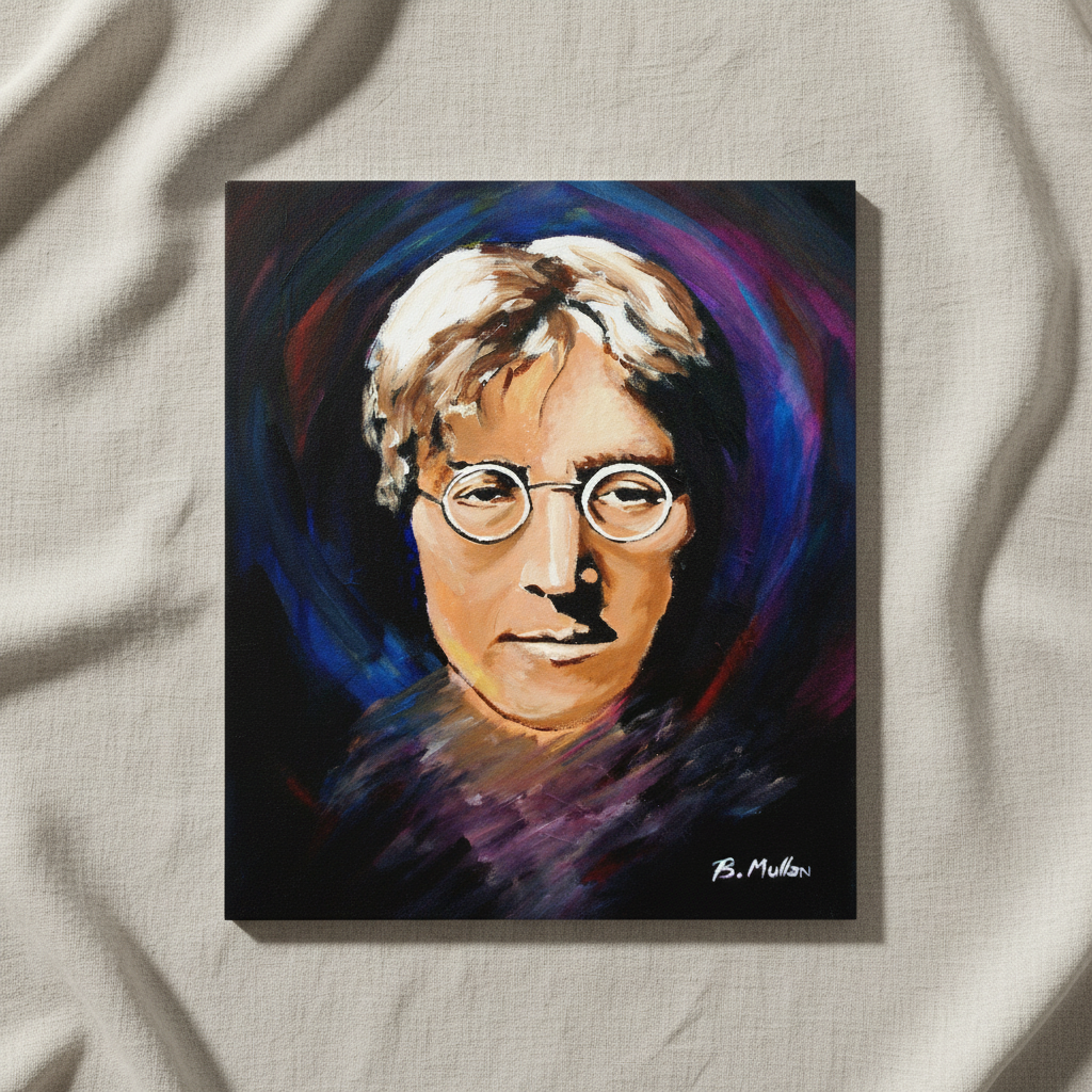 John Lennon portrait print resting on crumpled linen