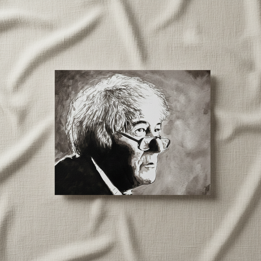 Seamus Heaney portrait print resting on draped cream linen fabric