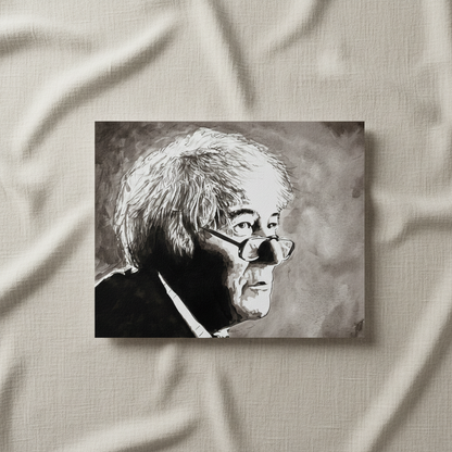 Seamus Heaney portrait print resting on draped cream linen fabric