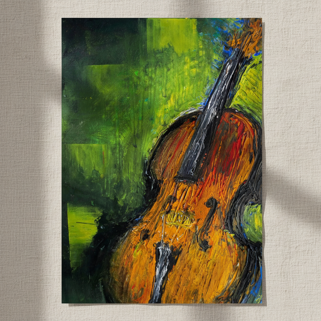 Old Irish fiddle painting, violin in orange and brown on a green textured background, unframed print on a linen wall