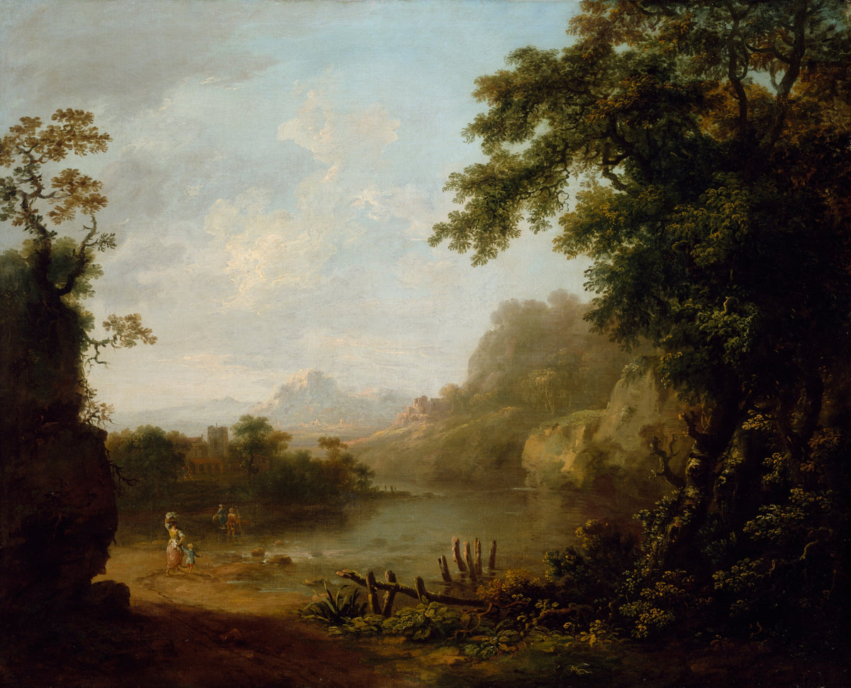 An Italianate Wooded River Landscape with Figures, oil painting by George Barret, 1755
