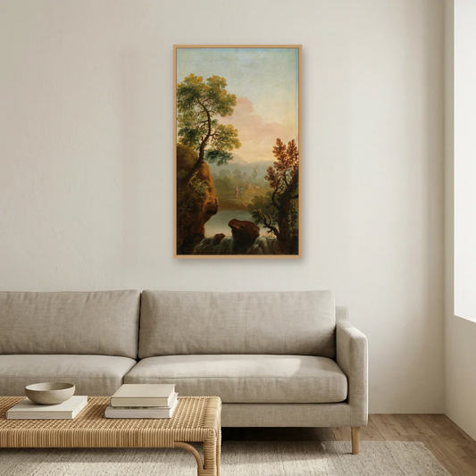 Landscape with Figures in the Background art print, framed and hung in a living room