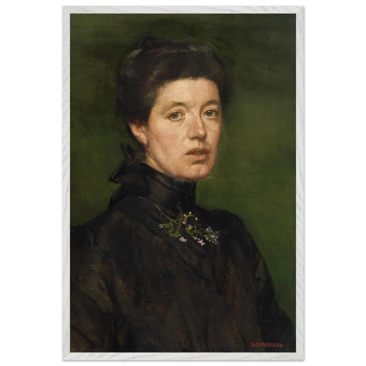 Self-portrait by Sarah Cecilia Harrison, art print in a white frame, 60x90 cm