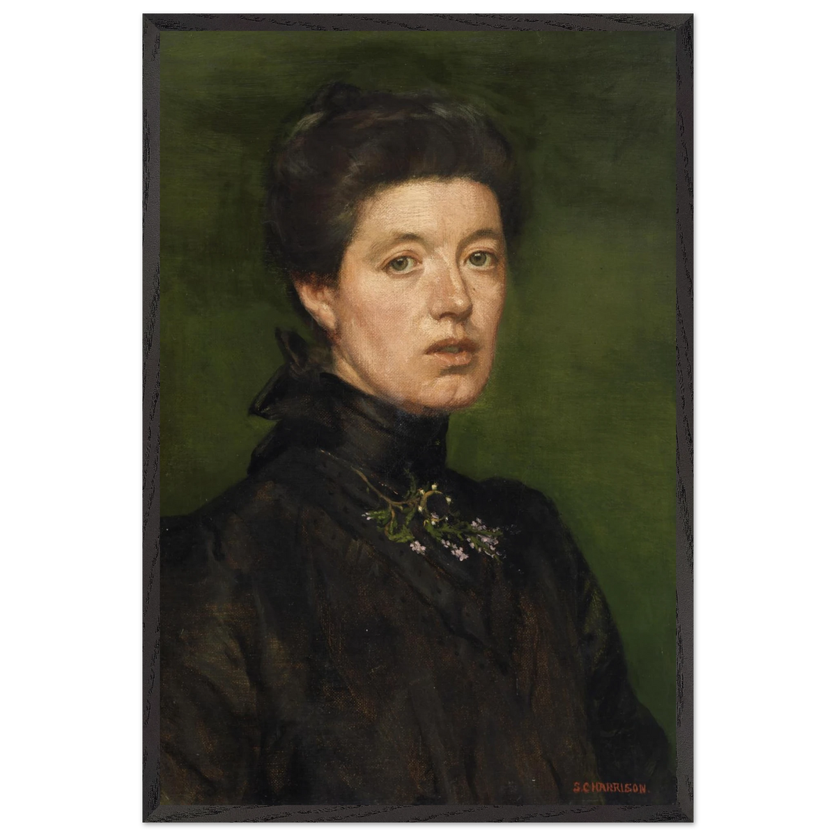 Self-portrait by Sarah Cecilia Harrison, art print in a black frame, 60x90 cm
