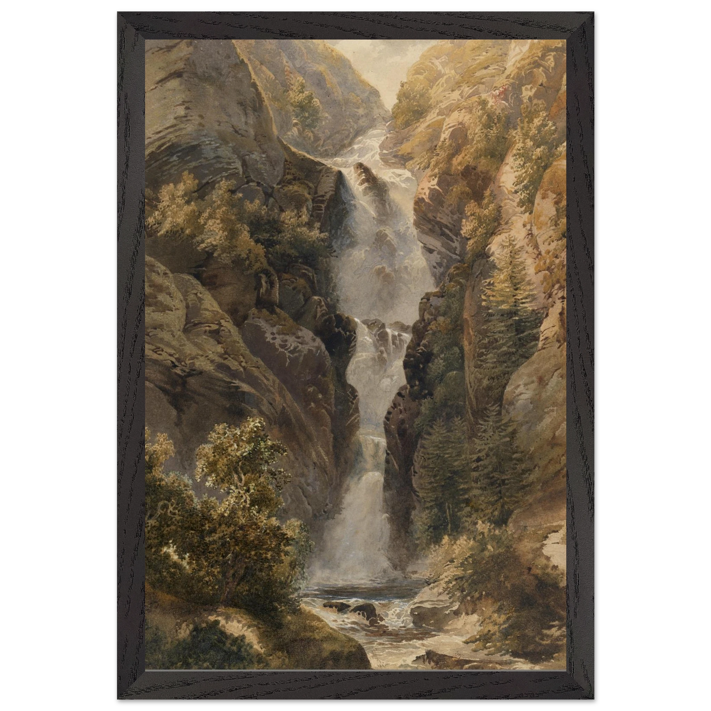 black framed reproduction of Esna Larach Waterfall by Henry Newton from the National Gallery of Ireland Collection