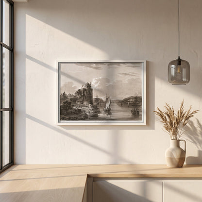 Blackrock Castle 1796 by Thomas Sautelle Roberts Art Print framed print in a white frame on a plaster wall above an oak worktop in a bright Scandinavian kitchen