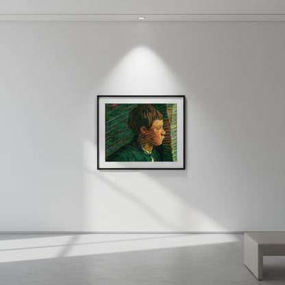 Breton Boy in Profile by Roderic O'Conor in a black frame on a white gallery wall
