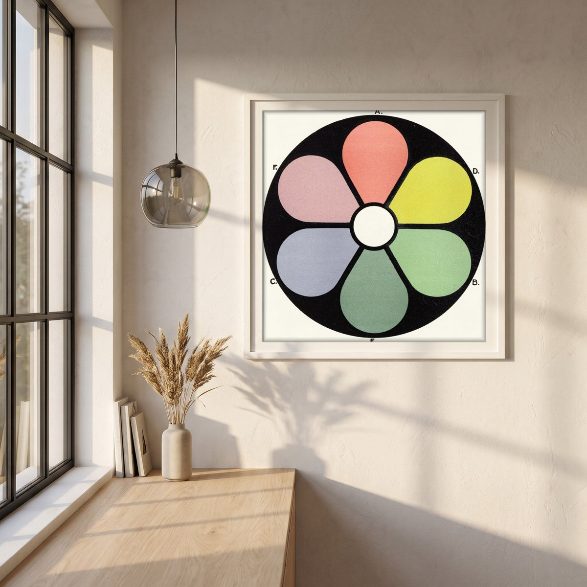 Broken Tones of the Primaries by James Ward framed print in a white frame on a plaster wall above an oak worktop in a bright Scandinavian kitchen