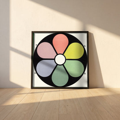 Broken Tones of the Primaries by James Ward framed print in a black frame leaning against a white plaster wall on oak floorboards in morning light