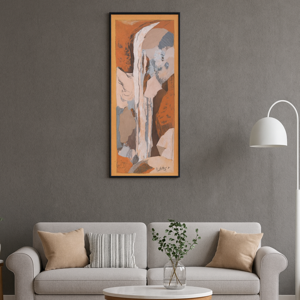 Living room with a gray sofa, round coffee table, and abstract art on the wall.