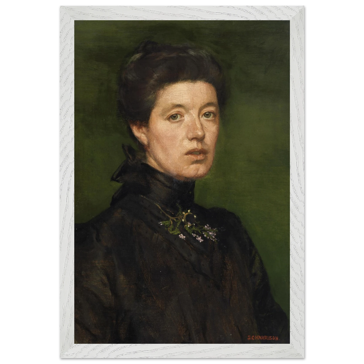 Self-portrait by Sarah Cecilia Harrison, art print in a white frame, 30x45 cm