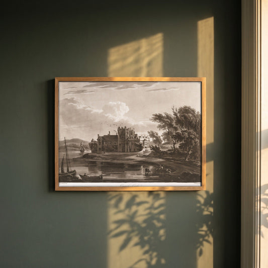 Carrick Castle (Ormond Castle) by Thomas Sautelle Roberts Art Print framed print in a natural oak frame on a dark green wall beside a window, dappled plant shadow