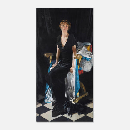 Lady Idina Wallace by William Orpen, seated in a black gown beside silver drapery on a chequered floor