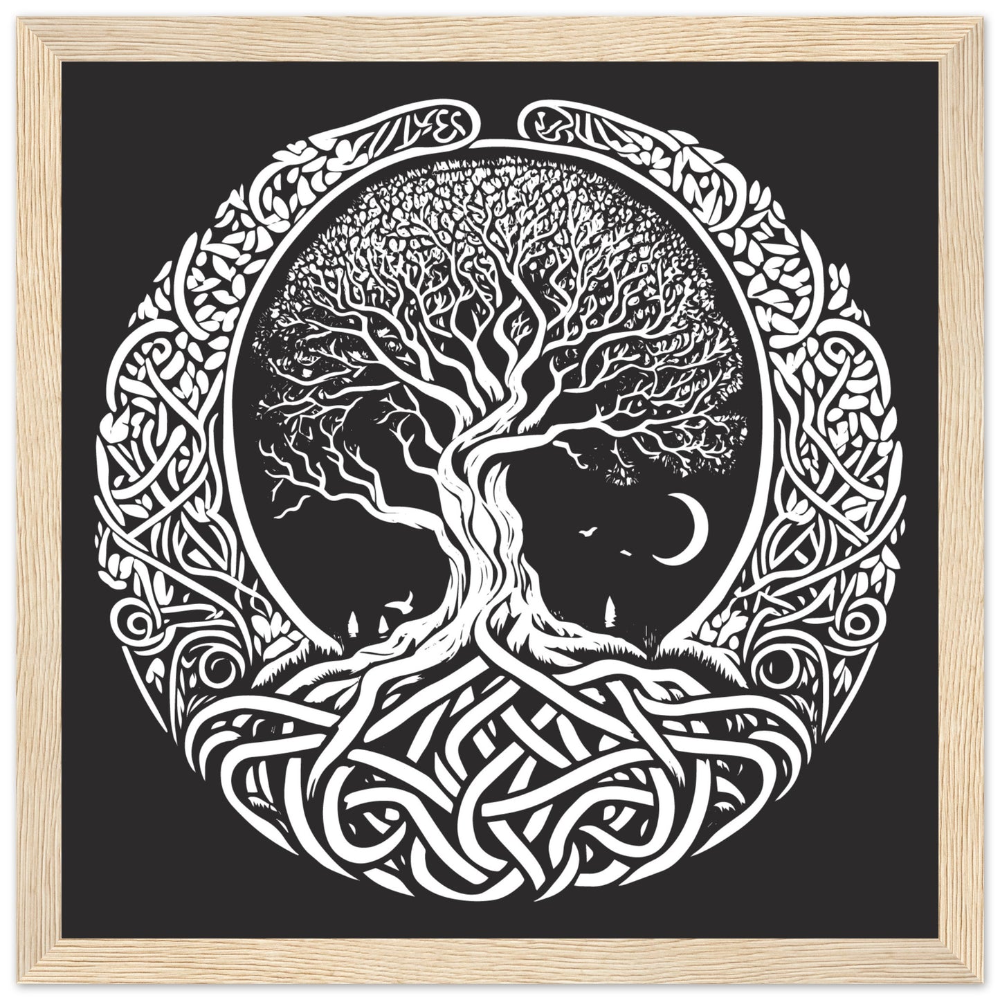 A black and white illustration of the Celtic Tree of Life symbol, featuring a circular design with intricate patterns and a tree motif, enclosed in a wooden frame.