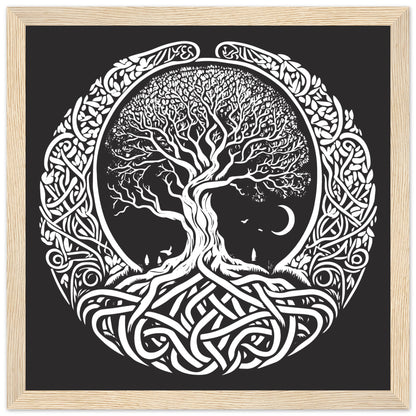 A black and white illustration of the Celtic Tree of Life symbol, featuring a circular design with intricate patterns and a tree motif, enclosed in a wooden frame.