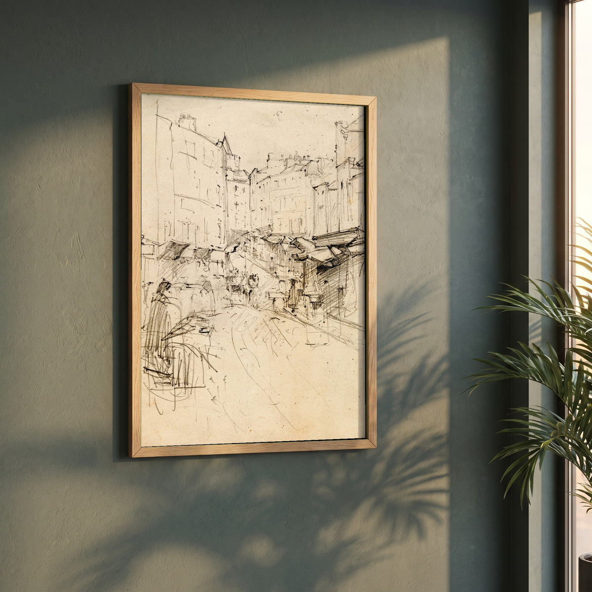 Christchurch Cathedral, Dublin framed print in a natural oak frame on a dark green wall beside a window, dappled plant shadow