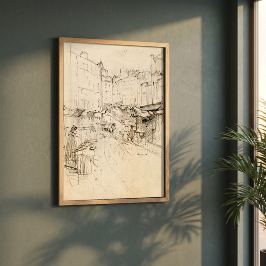 Christchurch Cathedral, Dublin framed print in a natural oak frame on a dark green wall beside a window, dappled plant shadow