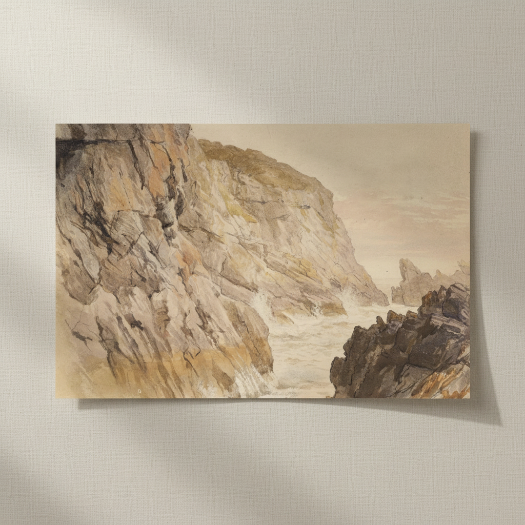 Unframed Cliffs at Howth print on a textured beige surface with soft window shadow