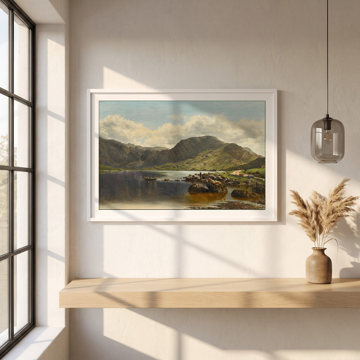 Cloon Lake, Glencar, Co. Kerry framed print in a white frame on a plaster wall above an oak worktop in a bright Scandinavian kitchen