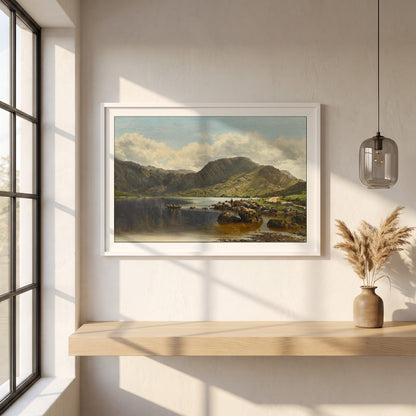 Cloon Lake, Glencar, Co. Kerry framed print in a white frame on a plaster wall above an oak worktop in a bright Scandinavian kitchen